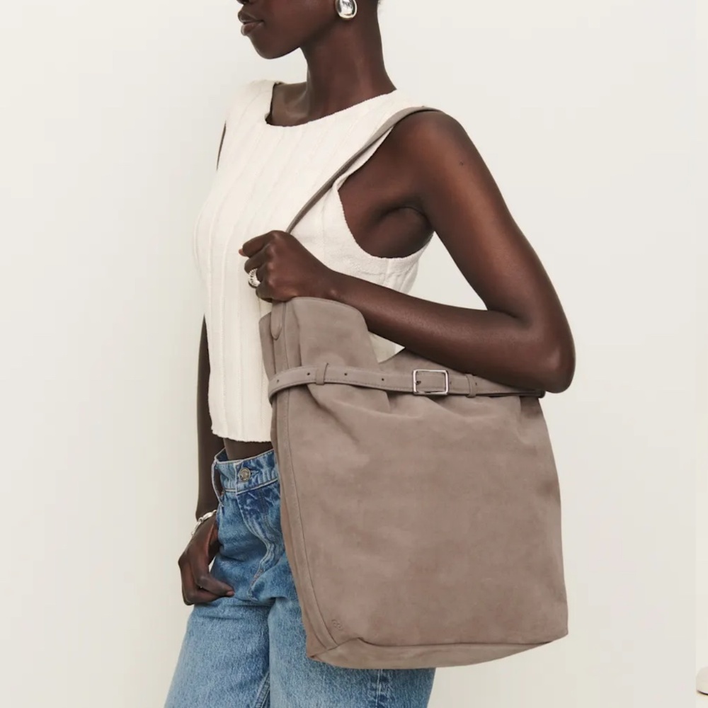 Reformation Alessandra Bucket Bag - taupe suede EUC